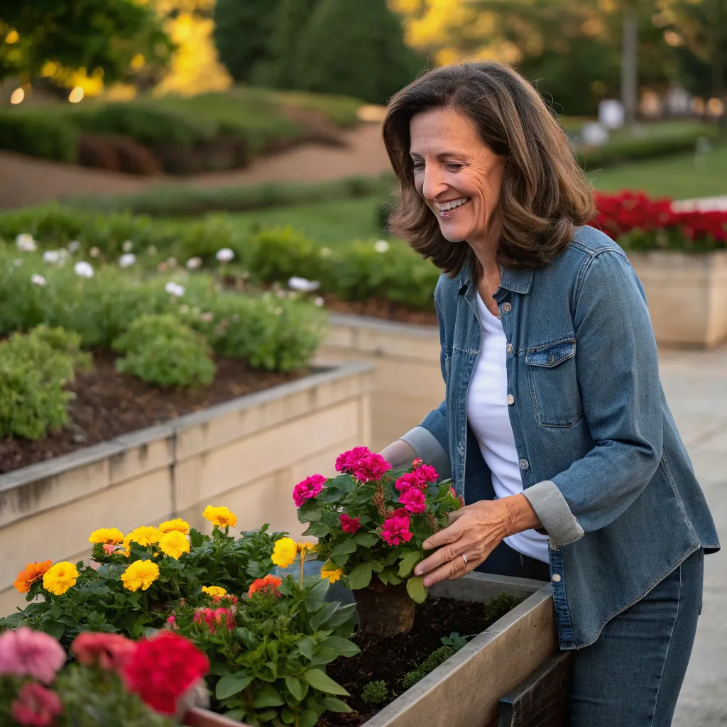 Jane Doe standing with freshly planted flowers